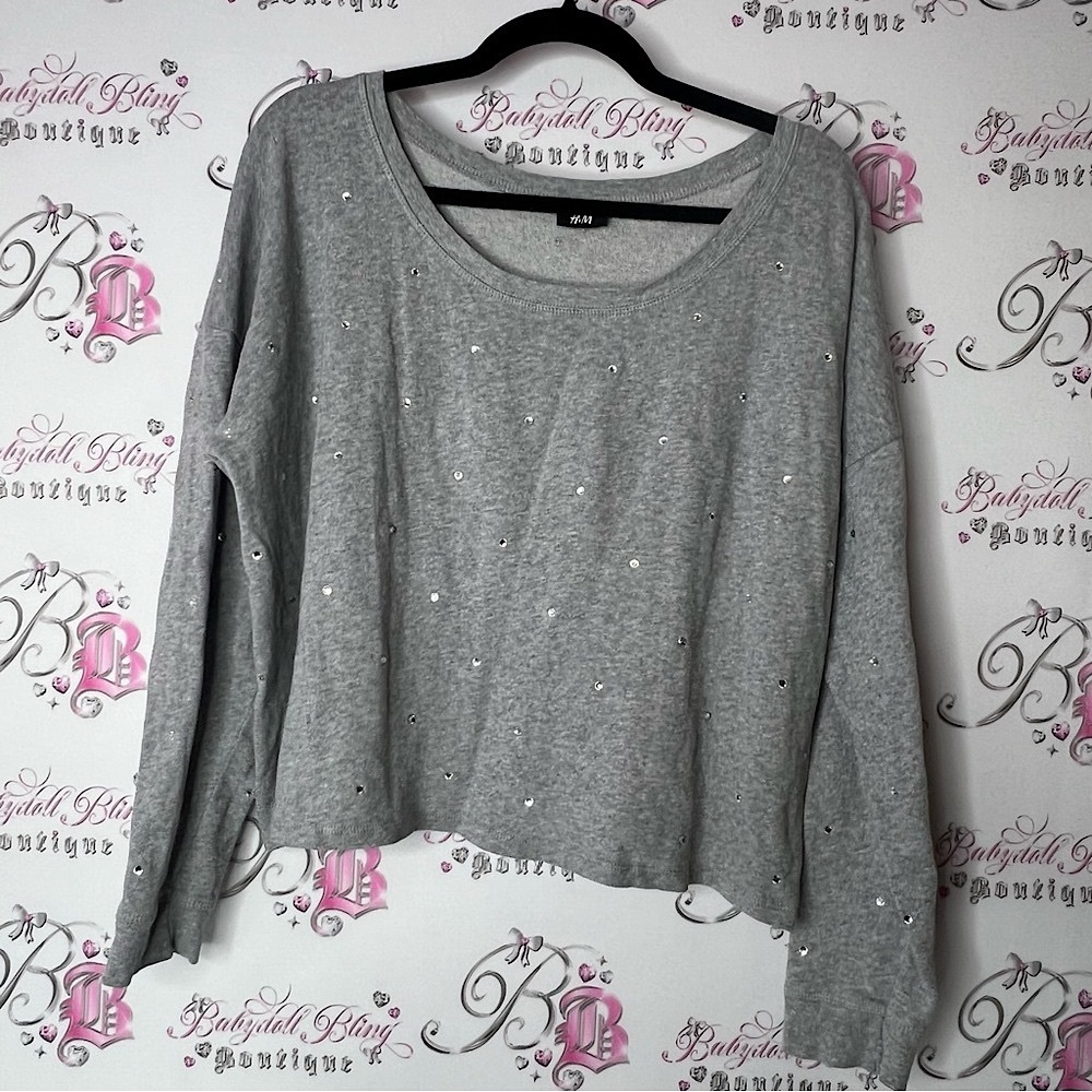 H&M Gray sweater bling rhinestone crystal diamond shirt Top